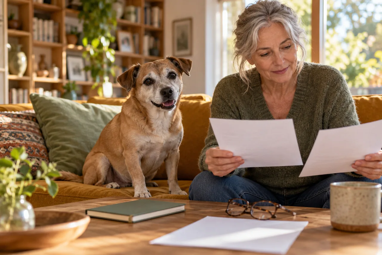 Owner reviewing documents with a dog beside the table