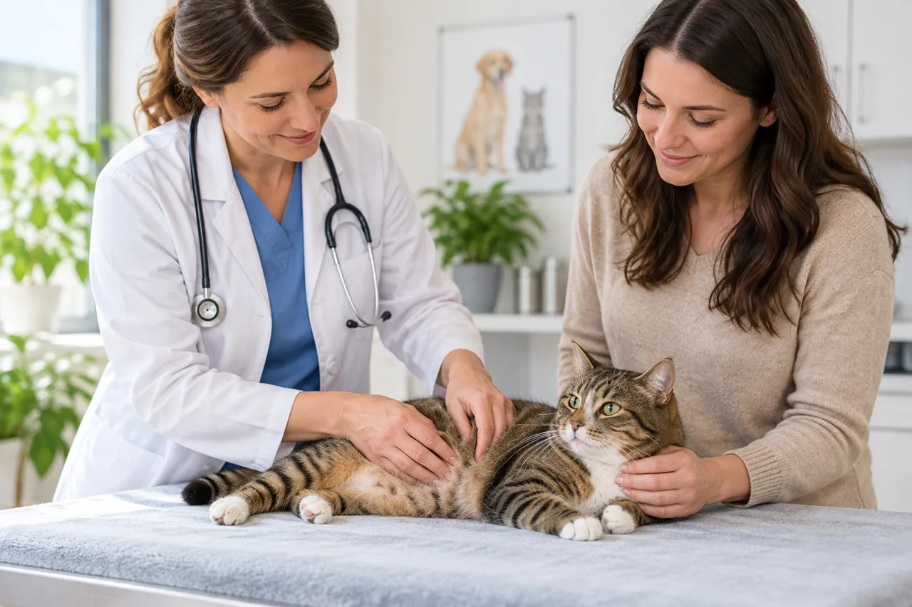 Veterinarian examining a cat beside its owner